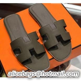 Top Quality Hermes Santorini Epsom Calfskin Classic H Flat Slide Sandals 070534 Grey