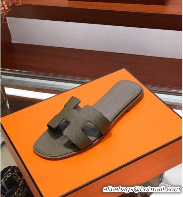 Top Quality Hermes Santorini Epsom Calfskin Classic H Flat Slide Sandals 070534 Grey