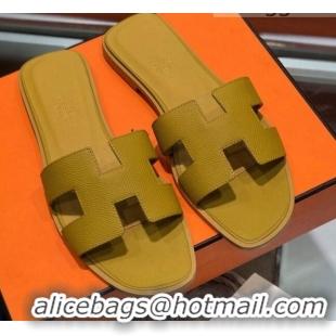 Good Product Hermes Santorini Epsom Calfskin Classic H Flat Slide Sandals 070534 Yellow