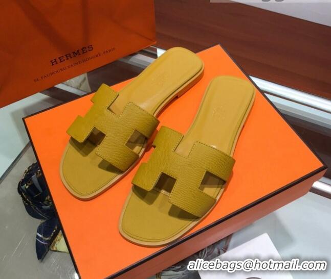 Good Product Hermes Santorini Epsom Calfskin Classic H Flat Slide Sandals 070534 Yellow