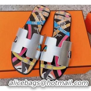 New Design Hermes Oran Swift Calfskin Print Insole Classic H Flat Slide Sandals 070534 Silver