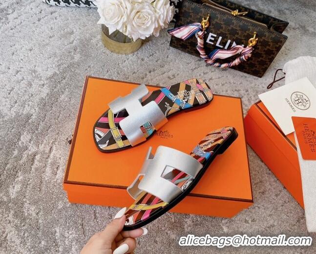 New Design Hermes Oran Swift Calfskin Print Insole Classic H Flat Slide Sandals 070534 Silver