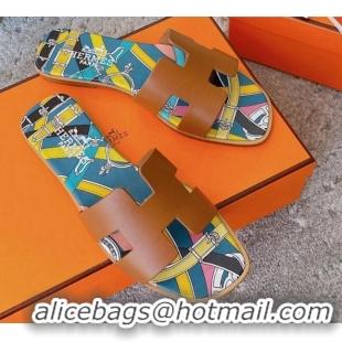 Super Quality Hermes Oran Swift Calfskin Print Insole Classic H Flat Slide Sandals 070534 Brown