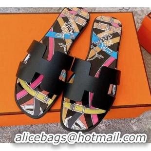 Top Quality Hermes Oran Swift Calfskin Print Insole Classic H Flat Slide Sandals 070540 Black 2021