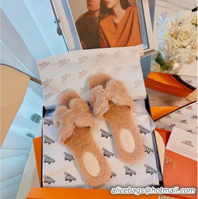 Good Quality Hermes Oran Wool Classic H Flat Slide Sandals 070662 Apricot 2021