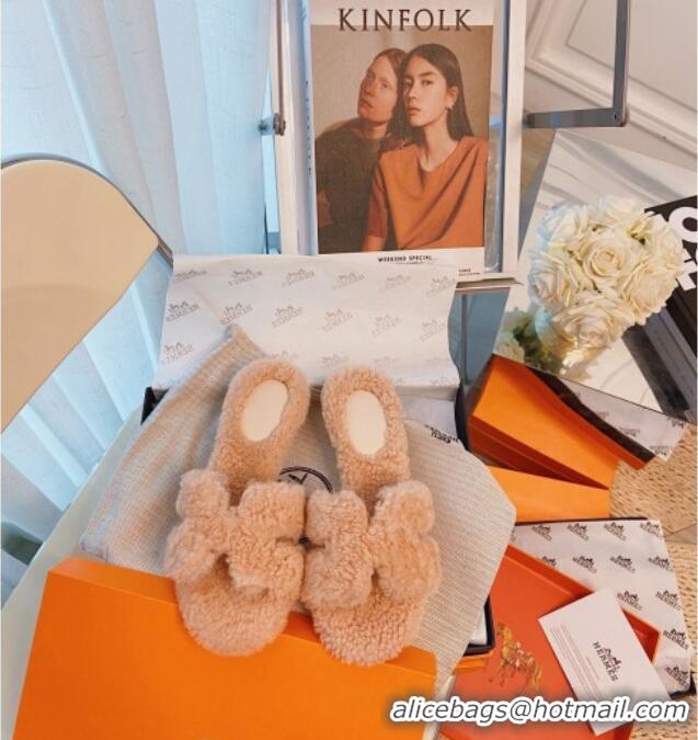 Popular Hermes Oran Wool Classic H Flat Slide Sandals 070663 Apricot 2021