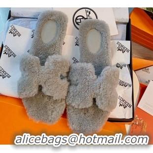 Low Cost Hermes Oran Wool Classic H Flat Slide Sandals 070664 Light Grey