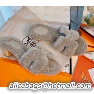 AAAAA Hermes Oran Wool Classic H Heel Slide Sandals 070665 Light Grey 2021