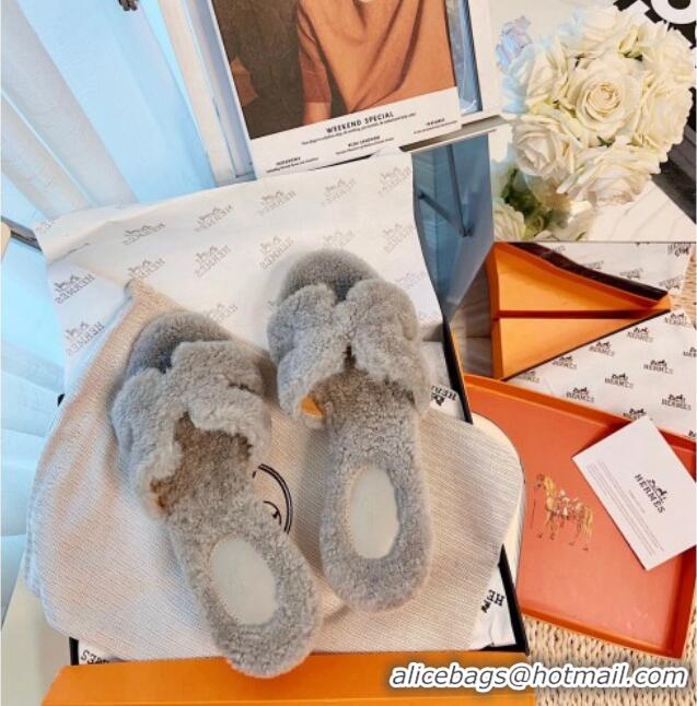 AAAAA Hermes Oran Wool Classic H Heel Slide Sandals 070665 Light Grey 2021