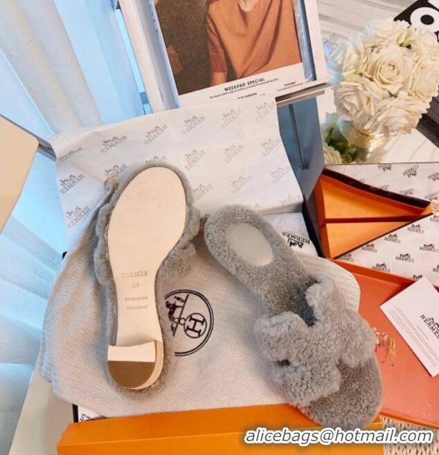 AAAAA Hermes Oran Wool Classic H Heel Slide Sandals 070665 Light Grey 2021