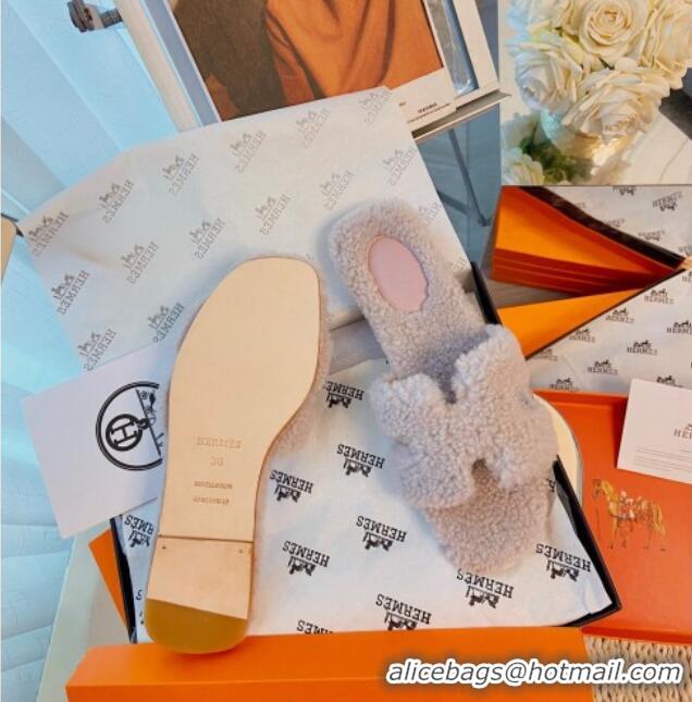 Classic Practical Hermes Oran Wool Classic H Flat Slide Sandals Light Pink 070670