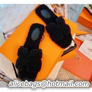 Affordable Price Hermes Oran Wool Classic H Flat Slide Sandals Black 070672