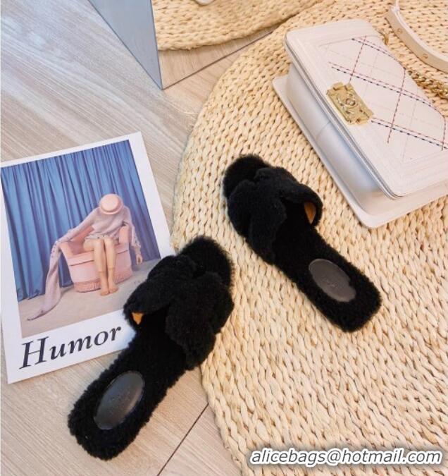 Affordable Price Hermes Oran Wool Classic H Flat Slide Sandals Black 070672