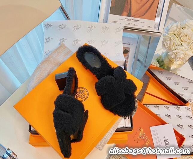 Low Cost Hermes Oran Wool Classic H Heel Slide Sandals Black 070673