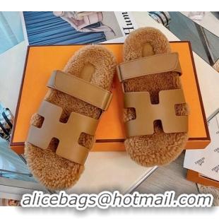 Cheap Hermes Chypre Wool and Nappa Leather Flat Sandals 070801 Brown 2021