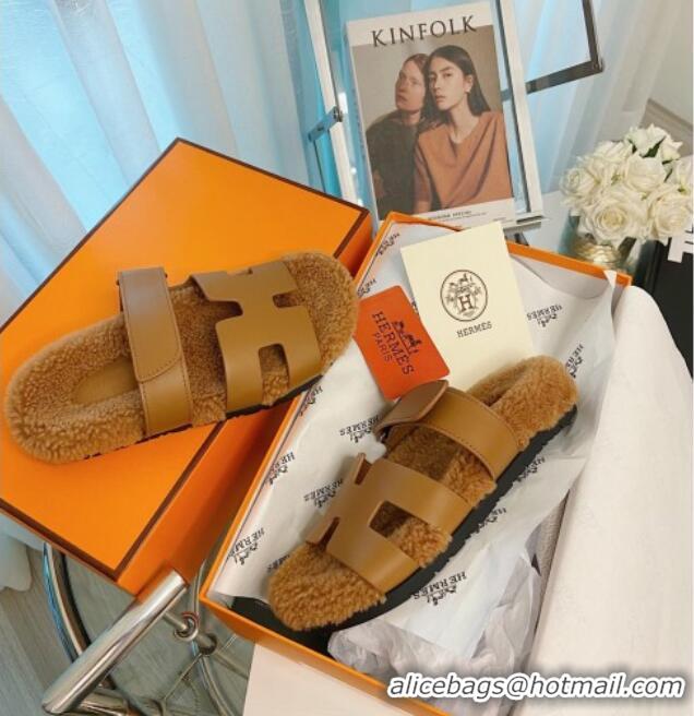 Cheap Hermes Chypre Wool and Nappa Leather Flat Sandals 070801 Brown 2021