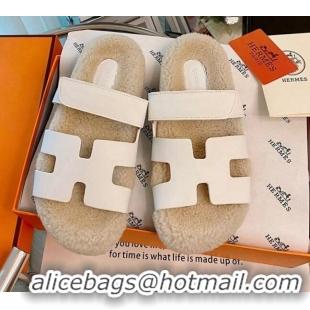 Top Quality Hermes Chypre Wool and Suede Flat Sandals 070803 White 2021