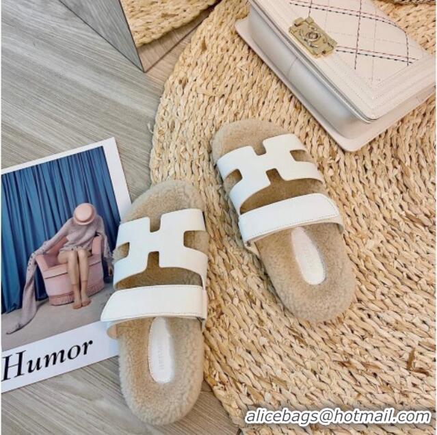 Top Quality Hermes Chypre Wool and Suede Flat Sandals 070803 White 2021