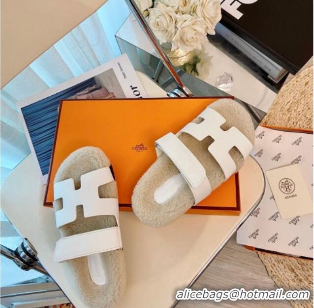 Top Quality Hermes Chypre Wool and Suede Flat Sandals 070803 White 2021