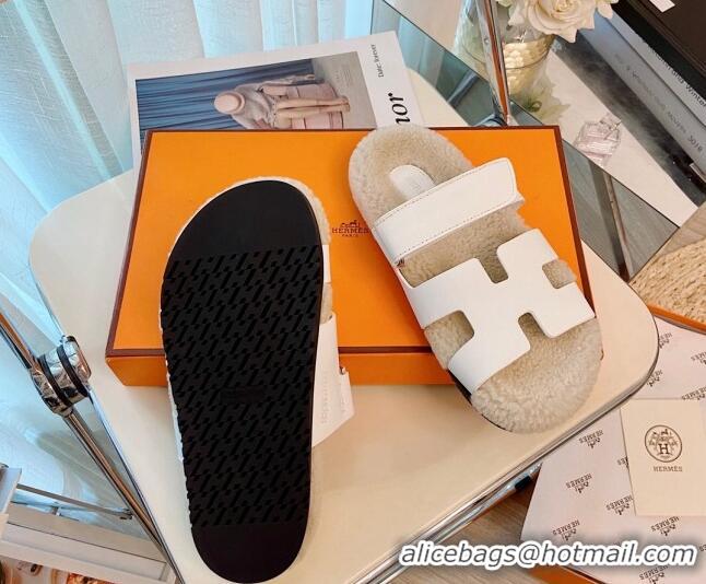 Top Quality Hermes Chypre Wool and Suede Flat Sandals 070803 White 2021