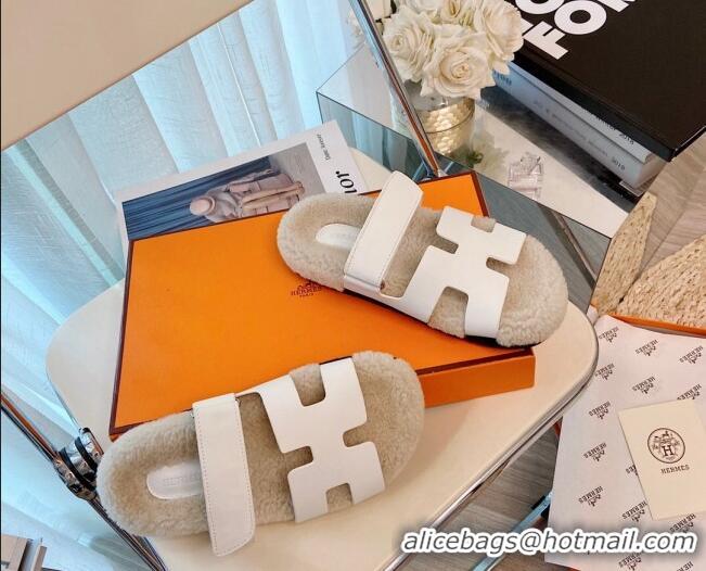 Top Quality Hermes Chypre Wool and Suede Flat Sandals 070803 White 2021