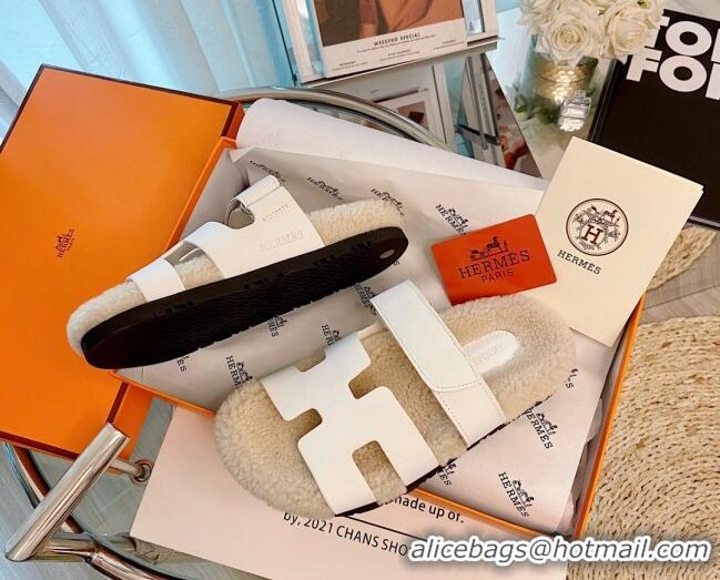 Top Quality Hermes Chypre Wool and Suede Flat Sandals 070803 White 2021