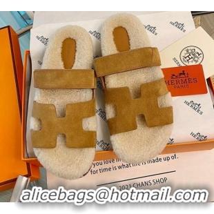 Duplicate Hermes Chypre Wool and Suede Flat Sandals 070803 Brown 2021