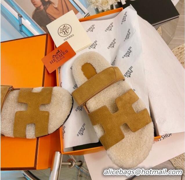 Duplicate Hermes Chypre Wool and Suede Flat Sandals 070803 Brown 2021