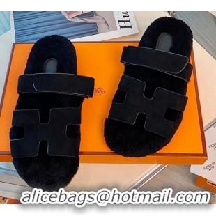 Good Product Hermes Chypre Wool and Nappa Leather Flat Sandals 070806 Black 2021