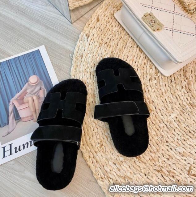 Good Product Hermes Chypre Wool and Nappa Leather Flat Sandals 070806 Black 2021