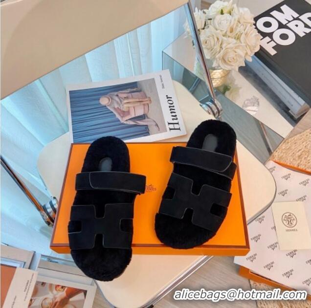 Good Product Hermes Chypre Wool and Nappa Leather Flat Sandals 070806 Black 2021