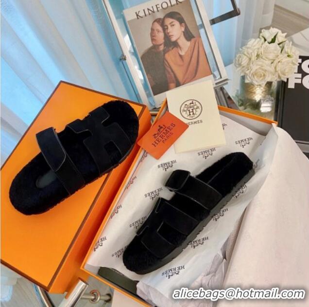 Good Product Hermes Chypre Wool and Nappa Leather Flat Sandals 070806 Black 2021