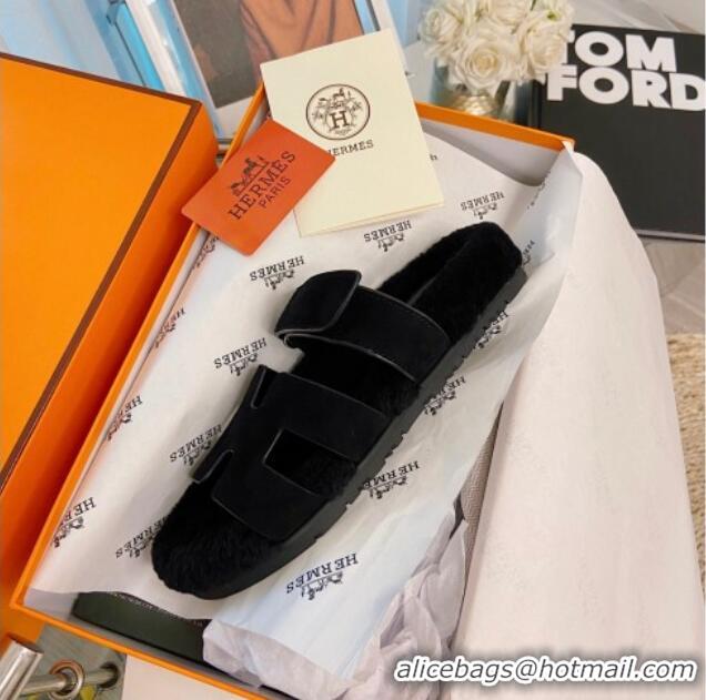 Good Product Hermes Chypre Wool and Nappa Leather Flat Sandals 070806 Black 2021