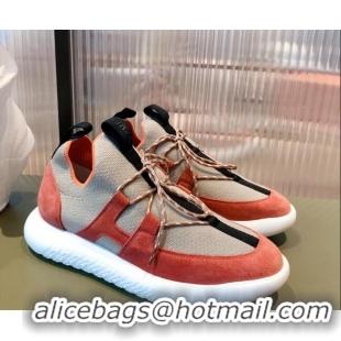 Top Quality Hermes Duel Knit and Suede Sneakers 070942 Beige/Orange 2021