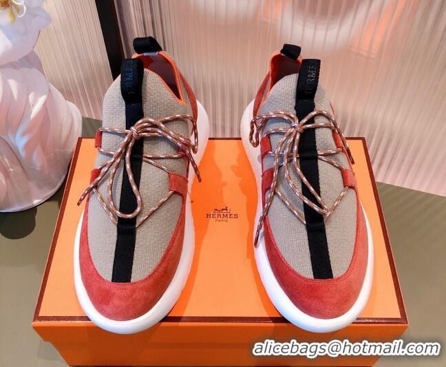 Top Quality Hermes Duel Knit and Suede Sneakers 070942 Beige/Orange 2021