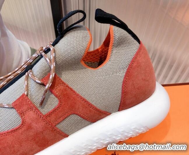 Top Quality Hermes Duel Knit and Suede Sneakers 070942 Beige/Orange 2021