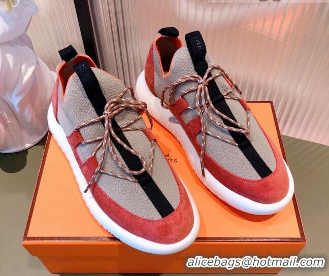 Top Quality Hermes Duel Knit and Suede Sneakers 070942 Beige/Orange 2021