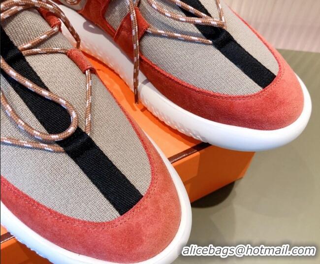 Top Quality Hermes Duel Knit and Suede Sneakers 070942 Beige/Orange 2021