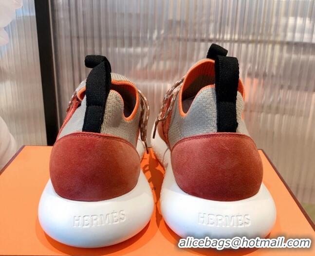 Top Quality Hermes Duel Knit and Suede Sneakers 070942 Beige/Orange 2021