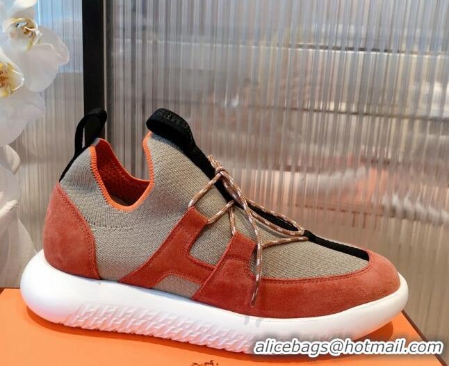 Top Quality Hermes Duel Knit and Suede Sneakers 070942 Beige/Orange 2021