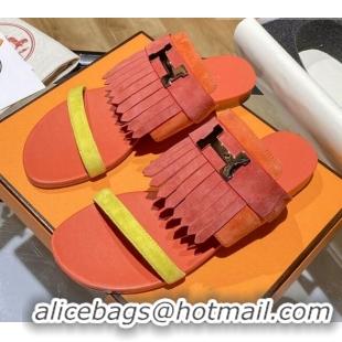 New Style Hermes Coralia Suede Fringe Flat Sandals 070948 Orange