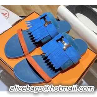 Cute Hermes Coralia Suede Fringe Flat Sandals 070948 Blue