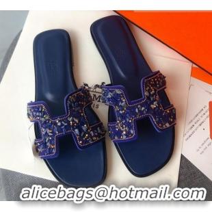 Discount Hermes Oran Crystal Suede Slide Sandal 070950 Blue