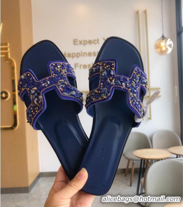 Discount Hermes Oran Crystal Suede Slide Sandal 070950 Blue