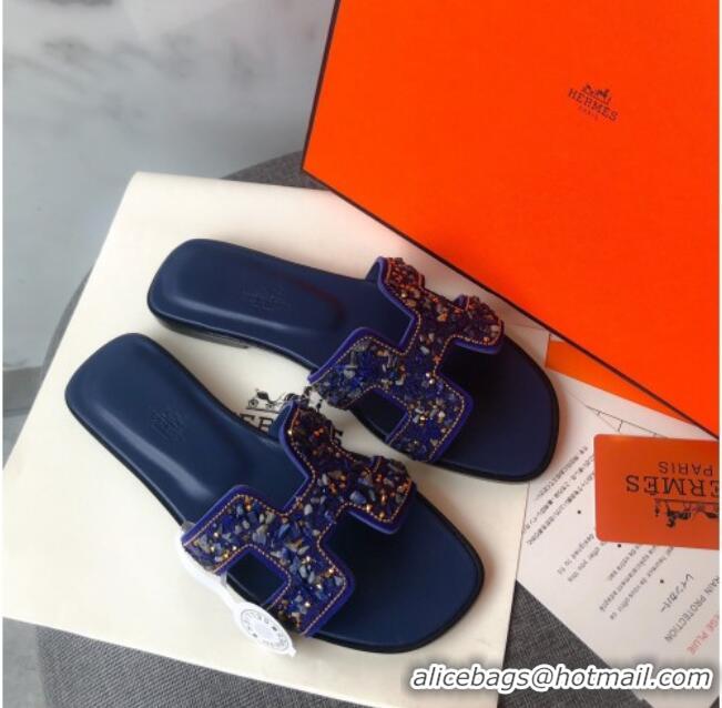 Discount Hermes Oran Crystal Suede Slide Sandal 070950 Blue