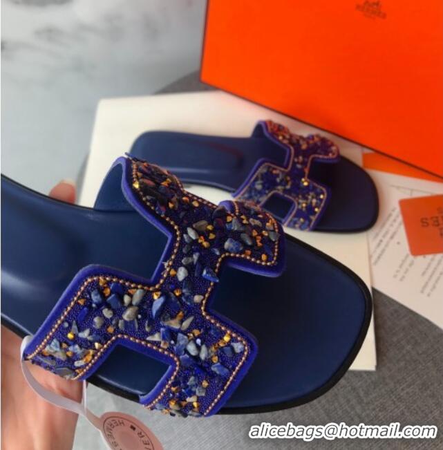 Discount Hermes Oran Crystal Suede Slide Sandal 070950 Blue