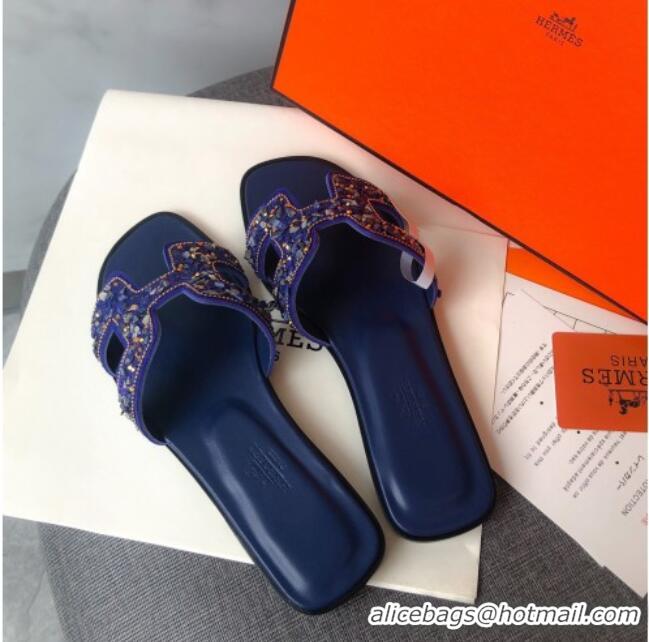 Discount Hermes Oran Crystal Suede Slide Sandal 070950 Blue