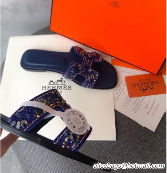 Discount Hermes Oran Crystal Suede Slide Sandal 070950 Blue