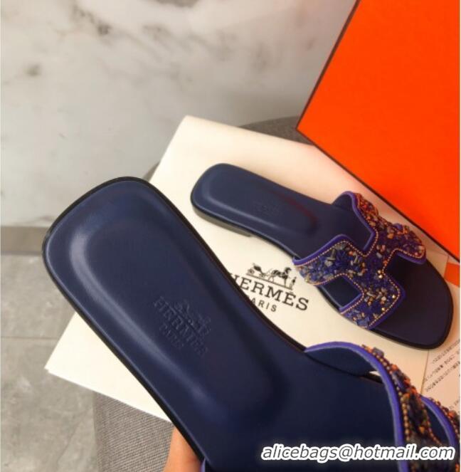 Discount Hermes Oran Crystal Suede Slide Sandal 070950 Blue