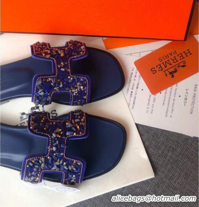 Discount Hermes Oran Crystal Suede Slide Sandal 070950 Blue